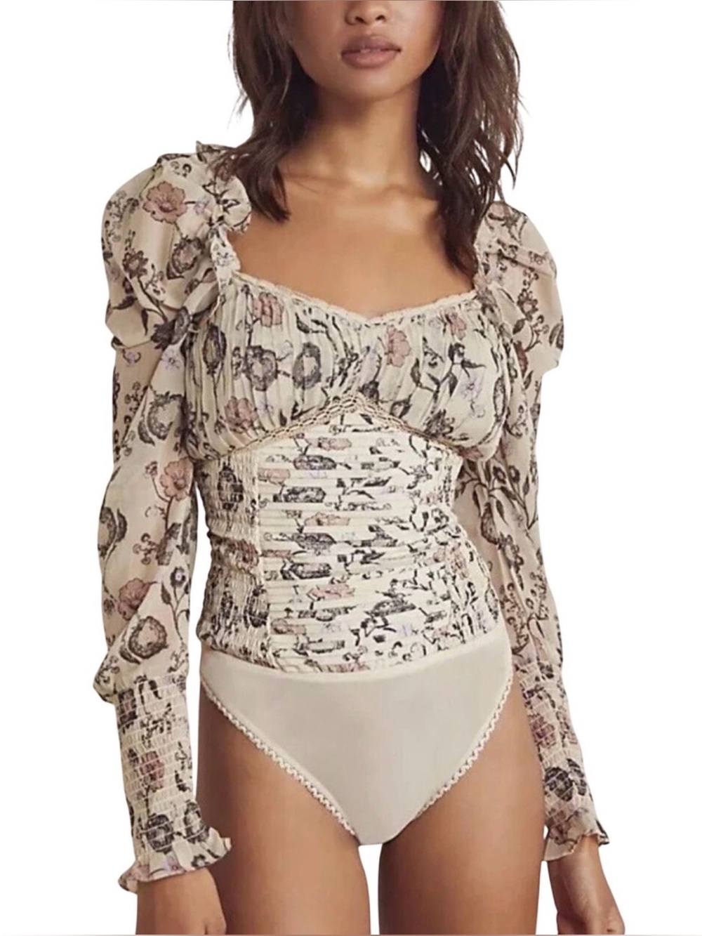 Free People NWT $128 Brunch Date Bodysuit Floral Ivory Sheer Long Puff Sleeve S